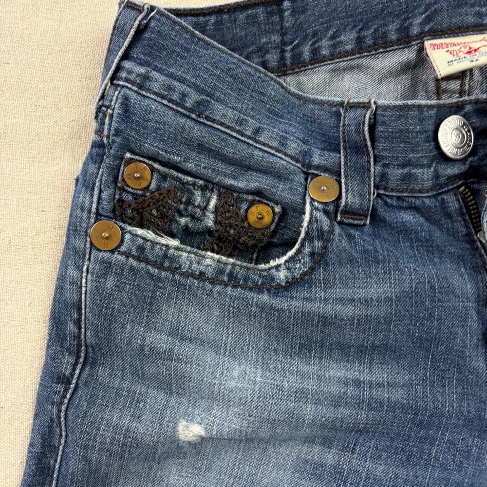 True Religion Bobby Jeans Mens 32 Blue Straight Leg Thick Contrast Stitching